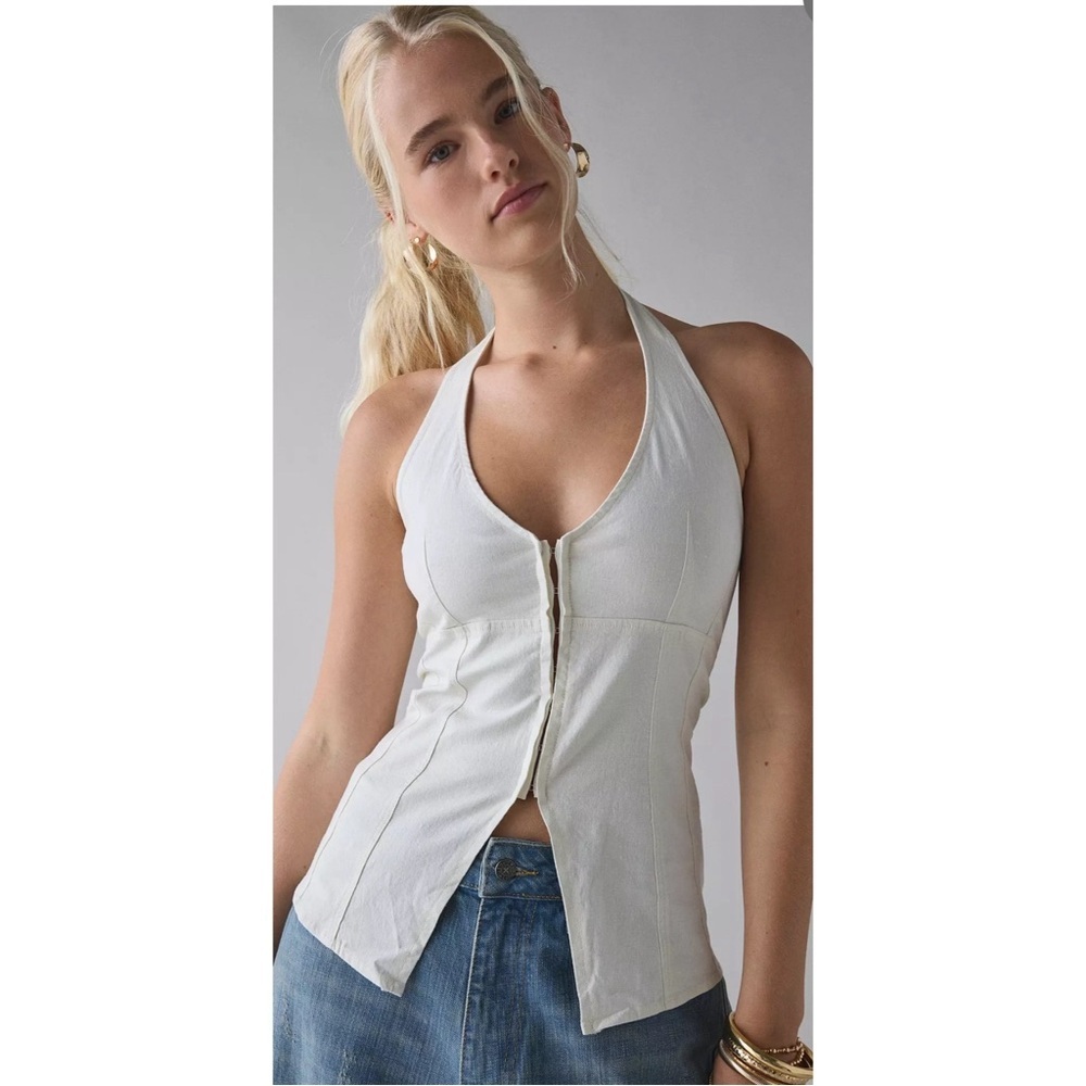 UO Sari Seamed Linen-Blend Halter Vest Top